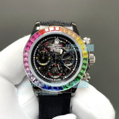 AAA Clone Rolex Skeleton Daytona Rainbow Bezel Quartz Chronograph Braided Strap Watch 
